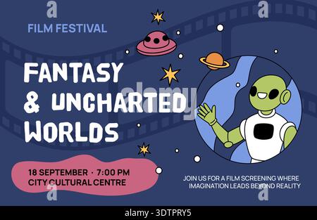 Modèle d'affiche de fête du cinéma. Invitation au festival de cinéma moderne, vidéo de science-fiction, UFO et films fantastiques, vie dans l'espace, planètes et étoiles, conception de bannières Illustration de Vecteur