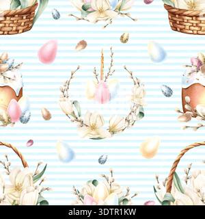 Aquarelle délicat motif sans couture de Pâques, couleur pastel. Gâteau glacé, fleurs de tulipes printanières dans un panier en osier, œufs colorés, branches de saule sur bleu Banque D'Images