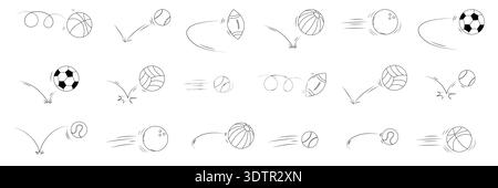 Grande ligne de mouvement de ballons de sport mixte avec football basket-ball, tennis, volley-ball, rugby et bowling. Trajectoires courbes dessinées à la main et rebond Illustration de Vecteur