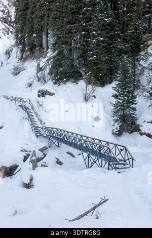 Paysage hivernal serein avec un pont sur un terrain enneigé et des pins capturés dans un cadre montagneux tranquille Banque D'Images