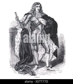 Jacques II, roi d'Angleterre, d'Écosse et d'Irlande, portant une armure complète, une robe garnie de fourrure, et tenant un sceptre. Volume 14, de l'histoire universelle de Ridpath 1897 Banque D'Images