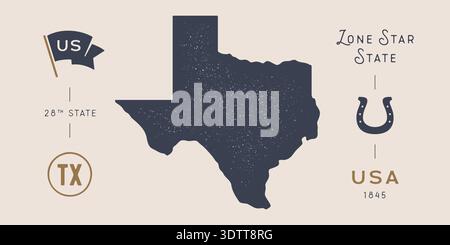 Silhouette de carte de l'état du Texas, symbole d'état d'étoile solitaire Illustration de Vecteur