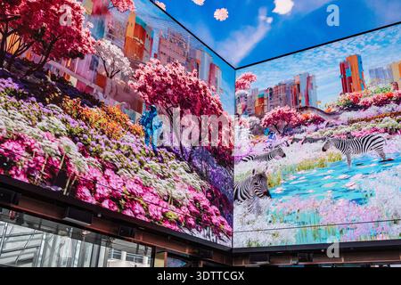 Des œuvres d'art numériques sur la faune et la nature remplissent les écrans LED géants de Outernet London, à côté de la station Tottenham court Road dans le centre de Londres. Banque D'Images