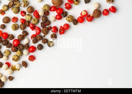 Différents types de grains de poivre colorés sur un fond blanc pendant les heures de lumière du jour Banque D'Images