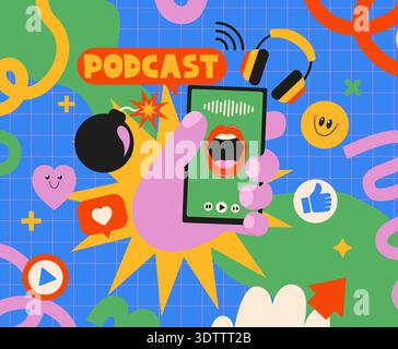 Bannière lumineuse podcast. Diffusion, diffusion de nouvelles en continu. Modèle pour spectacles, performances en direct. Smartphone tenant la main concept de vidéo et audio en ligne, radio en ligne, services de streaming, talk-show. Vecteur Illustration de Vecteur