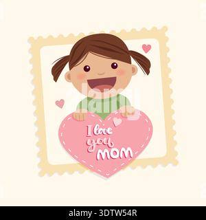 Une fille tient un cœur avec le texte je t'aime maman. Fête des mères. Illustration vectorielle Illustration de Vecteur