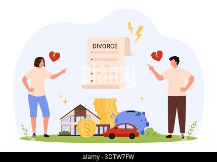 Concept de divorce et de division des actifs, mettant en vedette un couple divisant des possessions comme une maison et une voiture, isolé sur l'illustration vectorielle de fond blanc. Illustration de Vecteur