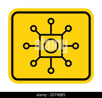 Une icône jaune moderne avec un carré central avec des cercles rayonnants, symbolisant les réseaux et les connexions dans la technologie. Parfait pour les projecteurs numériques Illustration de Vecteur
