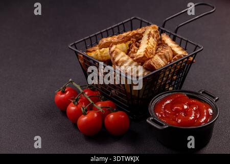 Les frites ondulées croustillantes sont servies dans un panier en fil de fer noir sur un fond sombre, accompagnées de tomates cerises rouges fraîches et d'un petit bol de vibrant Banque D'Images