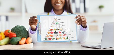 Présentation du Guide nutritionnel lors d'un atelier sur la santé avec pyramide alimentaire et légumes frais Banque D'Images