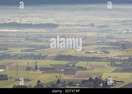 Vue aérienne panoramique des paysages agricoles luxuriants entourant Cavour, Piémont, Italie, mettant en valeur un matin serein et brumeux sur de vastes terres agricoles Banque D'Images