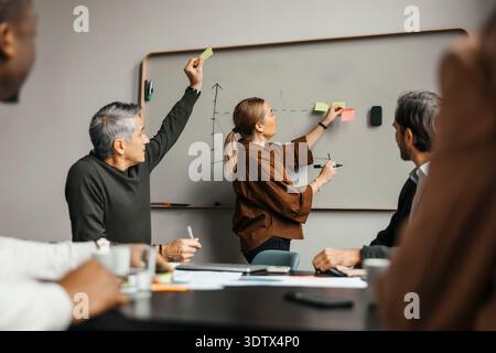 Vue latérale de la femme d'affaires faisant une séance de brainstorming avec des collègues en réunion Banque D'Images