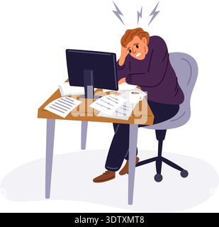 Le jeune homme fatigué est assis au bureau avec des papiers éparpillés autour. Montrant des signes d'épuisement émotionnel et d'épuisement professionnel. Employé surchargé de travail. Baguette d'anxiété Illustration de Vecteur