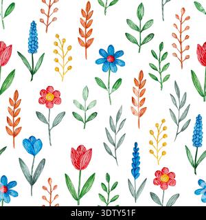 Motif floral aquarelle sans couture avec fleurs et feuilles dessinées à la main au printemps et en été sur fond clair. Répétition botanique de style folklorique coloré desi Banque D'Images