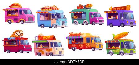 Camions de nourriture de rue, food trucks de festival vintage de poissons et frites vectoriels, tornade de pommes de terre frites et pop-corn, bière et boulettes vendeurs. Ensemble de camions de nourriture pour desserts de maïs grillé, wok et gaufres de dessin animé Illustration de Vecteur