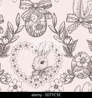 Modèle sans couture avec fond de Pâques doux de lapin drôle. Conception de grille vectorielle dessinée à la main dans un style d'esquisse vintage. Imprimé artistique fleuri idéal pour le papier peint. Parfait pour le tissu et le papier de vacances. Illustration de Vecteur