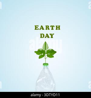 Bouteille en plastique et feuilles vertes sur fond bleu. Vaincre la pollution plastique. Concept jour de la Terre 2026 et recyclage vert. Concept d'écologie. Banque D'Images