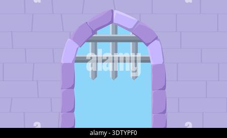 Arc en pierre dans le mur de style médiéval. Grille de fer ouverte. Forteresse, palais, fond de bande dessinée de château. Métaphore des sentiments de liberté, conte de fées vectoriel Illustration de Vecteur