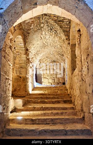 Les visiteurs gravissent les marches de pierre du château d'Ajloun, un site historique en Jordanie. La lumière d'en haut souligne l'architecture ancienne. Banque D'Images