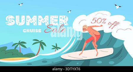 Vente de surf. Mer grande vague croisière d'été offre chaude bannière, surfeur planche de surf sur l'océan Blue Water île plage palmiers voyage vacances promotion coupon voucher vecteur illustration illustration original art Illustration de Vecteur