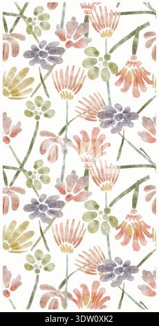 Conception vectorielle florale sans couture avec des fleurs d'aquarelle abstraite dans des tons roses, verts et violets discrets. La texture légère et la composition organique Illustration de Vecteur