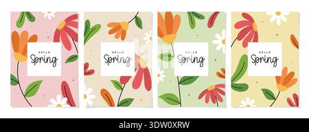 Ensemble de collection de fond de voeux vertical Hello Spring isolé sur blanc avec des feuilles minimalistes et des fleurs illustrées. Illustration de Vecteur