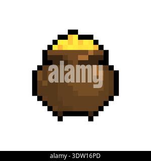 Pot en argile brune Pixel art rempli de pièces d'or. Icône de style de jeu rétro 8 bits pour la richesse, la chance et le trésor. Vecteur plat isolé sur fond blanc. Illustration de Vecteur
