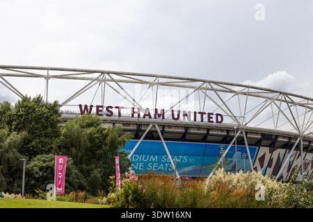 Vue extérieure du stade West Ham United. Londres, Royaume-Uni, 14 juillet 2024 Banque D'Images