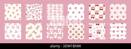Ensemble de motifs de cerise sans couture avec des noeuds et des coeurs roses. Conception de coquette mignonne pour tissu, emballage cadeau ou arrière-plans romantiques de Saint-Valentin avec charme vintage girly. Illustration vectorielle Illustration de Vecteur