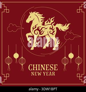 Carte de voeux du nouvel an chinois 2026 représentant une silhouette de cheval de feu doré sur un fond rouge avec des bordures décoratives. Illustration de Vecteur