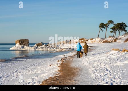 Deux personnes promenant un chien le long de la côte enneigée de la mer Baltique à Liepaja, Lettonie, au cours d'une journée d'hiver calme et ensoleillée Banque D'Images
