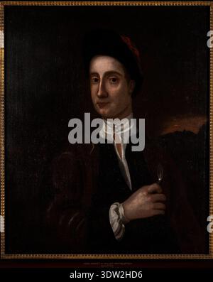 Le sujet de ce portrait serait John Abbott le jeune (1690-1756), un plâtrier décoratif basé sur le Devon. Comme son père et son grand-père, Abbott a contribué au plâtre élaboré dans de nombreux bâtiments du Devon. Le portrait, huile sur toile, date entre 1690 et 1700, reflétant la mode de l'époque. Banque D'Images