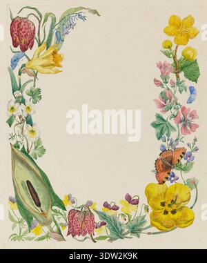 Sarah Cresswell (date inconnue) a créé cette bordure florale et papillon, mettant en vedette des fritillaires à tête de serpent, des cloches bleues, des jonquilles, des anémones de bois, violas, seigneurs et dames, speedwell, fleurs de mauve et papillons tels que les espèces bleues et écaille de tortue. Attribué à elle par connexion au révérend Richard Cresswell, il est rendu à l'aquarelle et à l'encre sur papier dans le cadre de la collection Cresswell. Banque D'Images