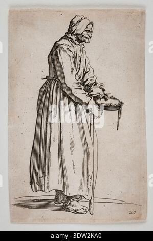 Jacques Callot (1592-1635) est un graveur français connu pour ses séries de gravures représentant diverses classes sociales. Untitled (femme tenant un bâton et un plat) est associé à les mendiants, un groupe de gravures représentant des mendiants et des personnages itinérants du début du XVIIe siècle en France. L’image d’archive enregistre la gravure dans le corpus documenté de l’œuvre de Callot. Banque D'Images