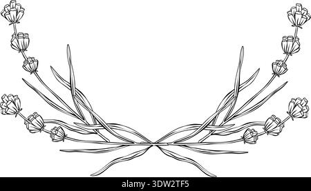 Bordure florale symétrique de vecteur de lavande dans un style d'art de ligne propre avec des branches botaniques dessinées à la main et des fleurs. Idéal pour les invitations de mariage Illustration de Vecteur