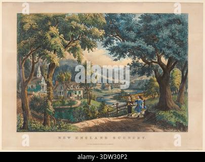 Lithographie de paysage historique intitulée New England Scenery, illustrée par Frances Flora Bond Palmer et publiée par Currier & Ives en 1866. Cette gravure colorée à la main représente un village rural idyllique avec une église, une rivière, des chalets et des personnages marchant sous de grands arbres, reflétant le charme pastoral de la Nouvelle-Angleterre du XIXe siècle. Banque D'Images