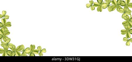 Bannière trèfle, cadre carré horizontal, bordure. Compositions de coin avec des feuilles Lucky Shamrock. Illustration botanique dessinée à l'aquarelle à la main isolée Banque D'Images