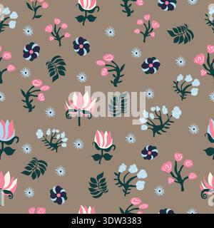 Modèle sans couture avec des éléments floraux abstraits dispersés dans les tons bleu, rose et rose sur un fond brun chaud. Idée de design artistique et décoratif Illustration de Vecteur