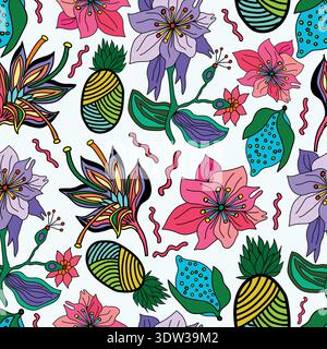 fleurs colorées, citrons, motif spirale d'ananas motif botanique coloré fantaisie sans couture. Il est bon pour les décorations, le textile, le tissu, les carreaux. Illustration de Vecteur