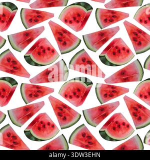 Motif aquarelle sans couture avec des tranches de pastèque rouge vives sur un fond blanc. Illustration pour emballage d'été, textile, papiers peints, blo alimentaire Banque D'Images