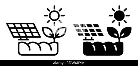 Cette illustration présente des panneaux solaires placés dans un lit de jardin avec des plantes, symbolisant la synergie des énergies renouvelables et de l'agriculture durable Illustration de Vecteur