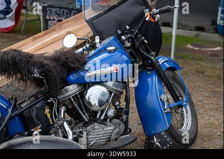 Vue latérale de motos Harley Davidson vintage, une grise avec un moteur flathead et une bleue avec des détails personnalisés, garée dans un vehic classique extérieur Banque D'Images