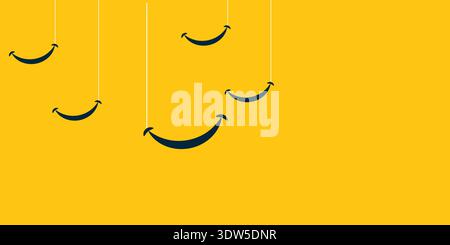 Conception de la Journée mondiale du sourire avec des icônes de sourire suspendues sur fond jaune vif, graphique de célébration joyeux favorisant le bonheur et la positivité. Illustration de Vecteur