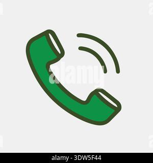 Icône de récepteur de téléphone vert avec des lignes de signal de sonnerie, illustration de symbole de communication simple isolé sur fond clair. Illustration de Vecteur