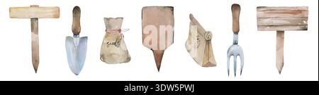 Outils de jardinage avec chapeau de paille et marqueurs en bois clipart aquarelle Banque D'Images