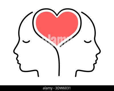 Deux têtes humaines formant cœur. Concept d'empathie, de santé mentale, d'amour, de connexion émotionnelle, de compassion et de soutien psychologique. Idéal pour la thérapie. Illustration de Vecteur