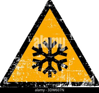 Illustration vectorielle d'un panneau de danger de basse température et de conditions de gel avec une texture grunge. Symbole de triangle jaune rayé usé indiquant un sn Illustration de Vecteur