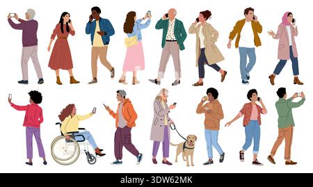 Ensemble de divers hommes et femmes utilisant des smartphones Illustration de Vecteur