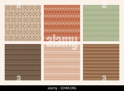 Ensemble de six motifs tribaux sans couture dans des couleurs boho terreuses neutres. Ornements ethniques géométriques dans des tons chauds d'argile du désert, y compris bro beige terre cuite Illustration de Vecteur
