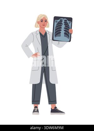 Radiologue femme en blouse blanche tenant un film de rayons X. Illustration de Vecteur